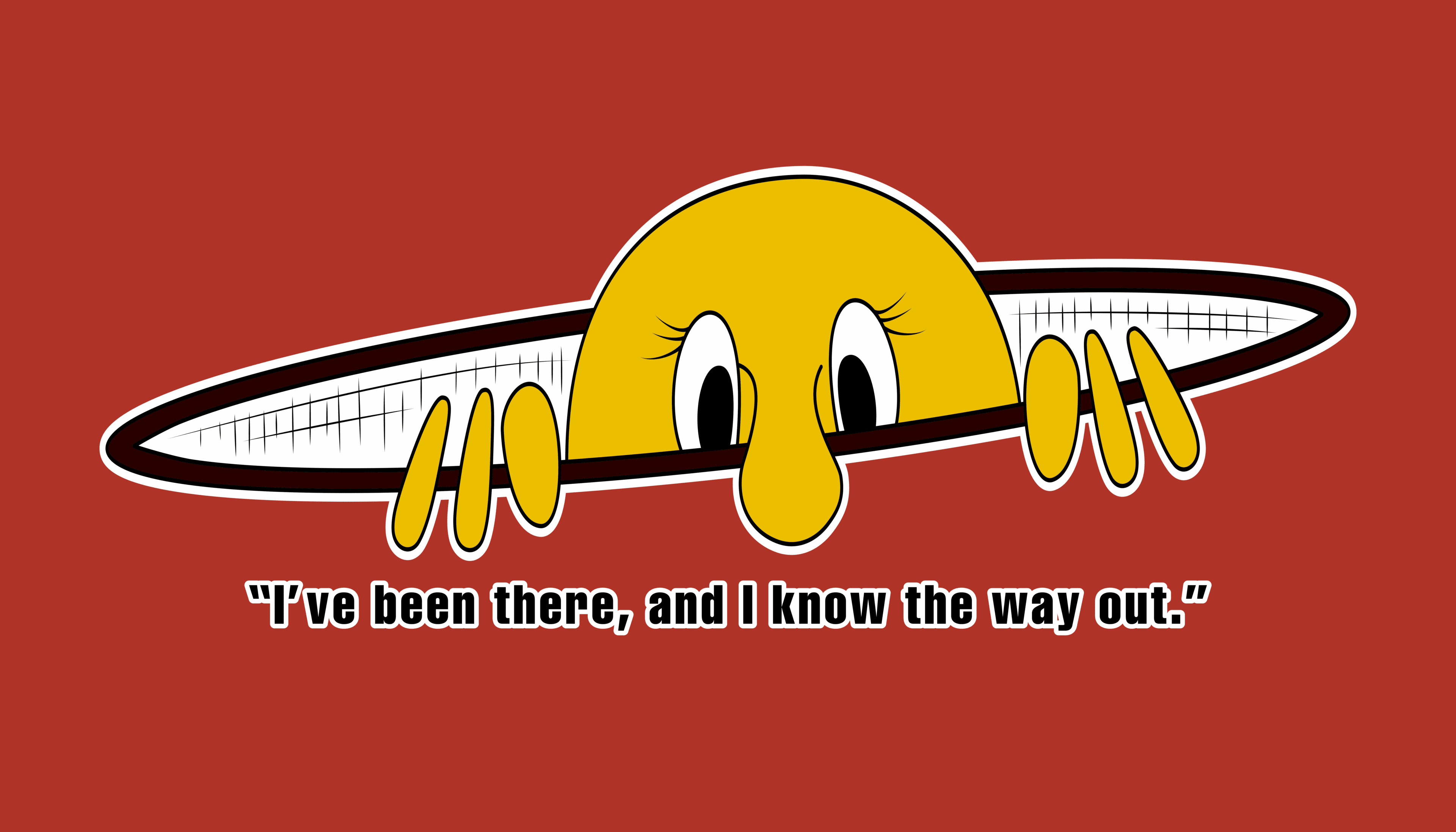 A yellow cartoon character peeks over a bridge with text below.