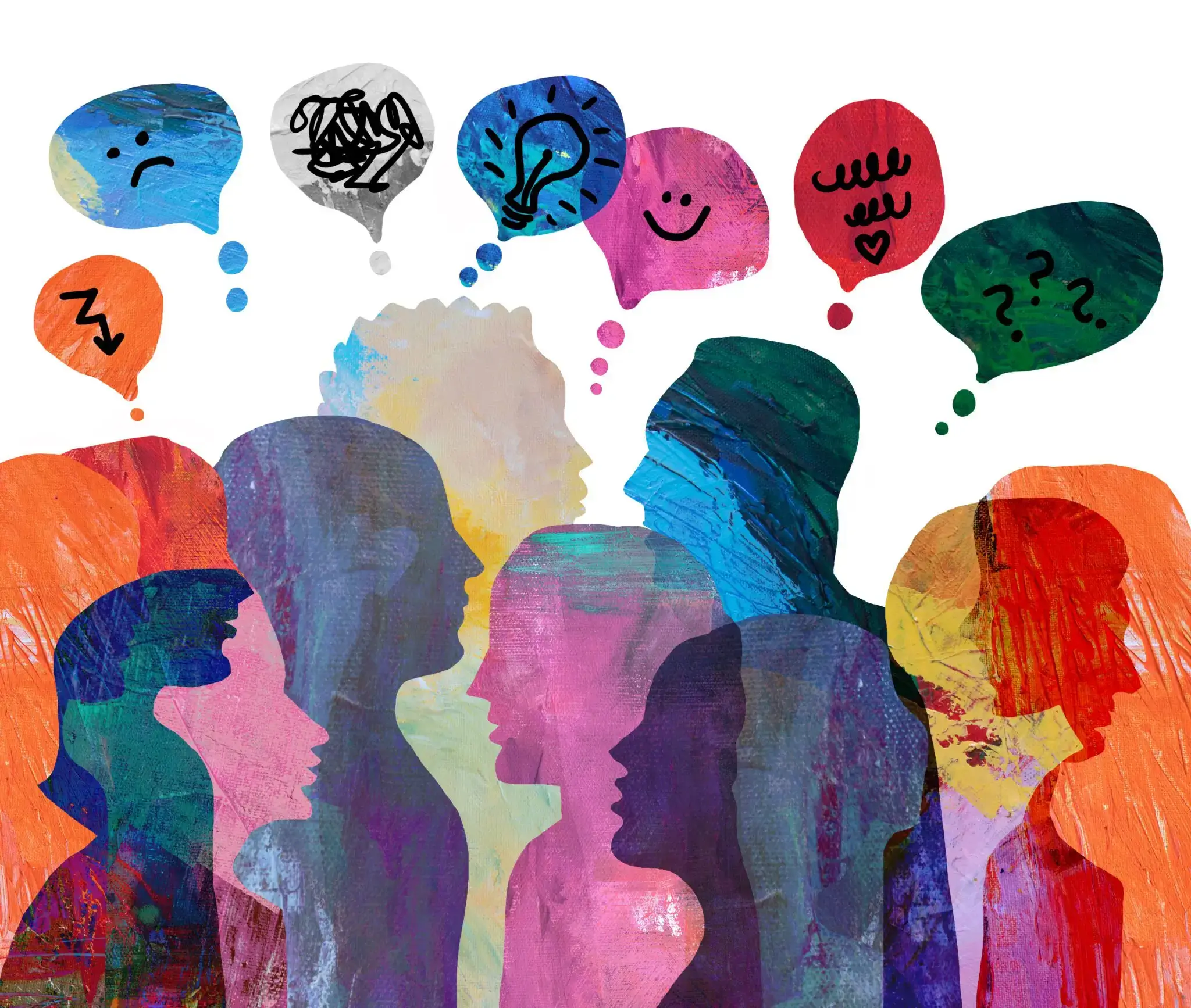 Colorful silhouettes with diverse thought bubbles representing varied ideas
