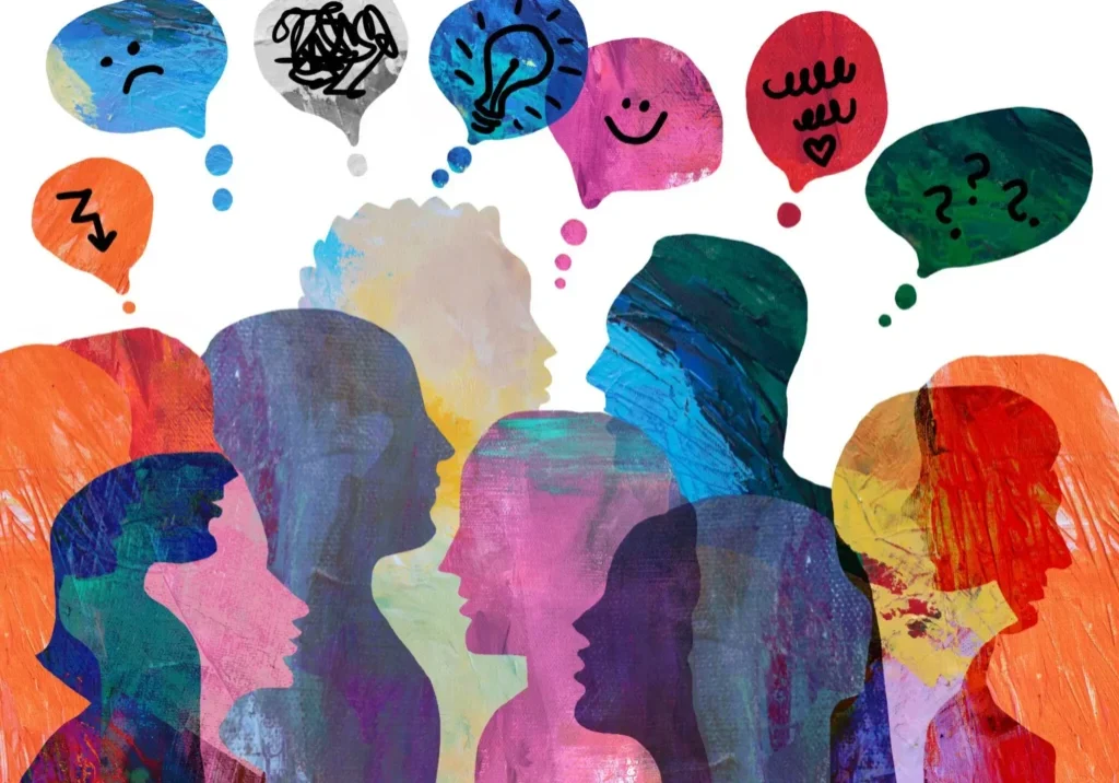 Colorful silhouettes with diverse thought bubbles representing varied ideas